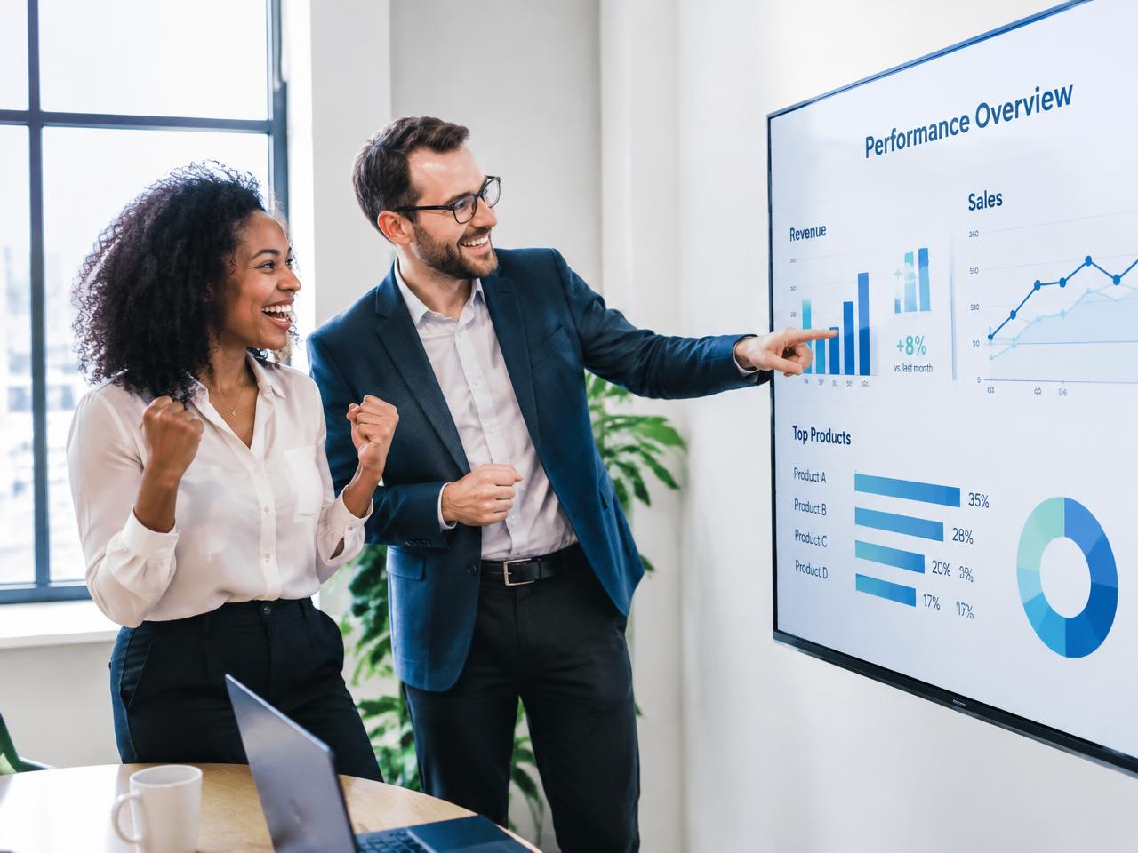 Team celebrating results on a dashboard
